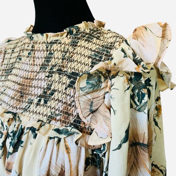 Happy x Nature Boho Dress Size Large Neutral Floral Smocked Bust Ruffle Flutter - Picture 3 of 8